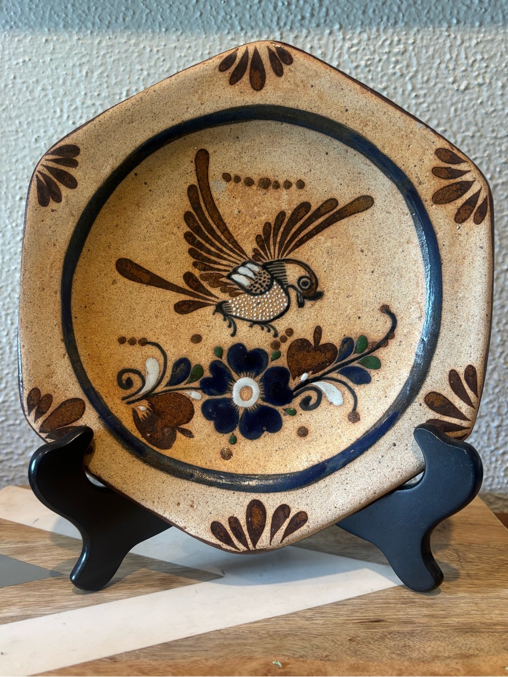 Hand-Painted Bird Floral Decorative Plate in Tan and Blue